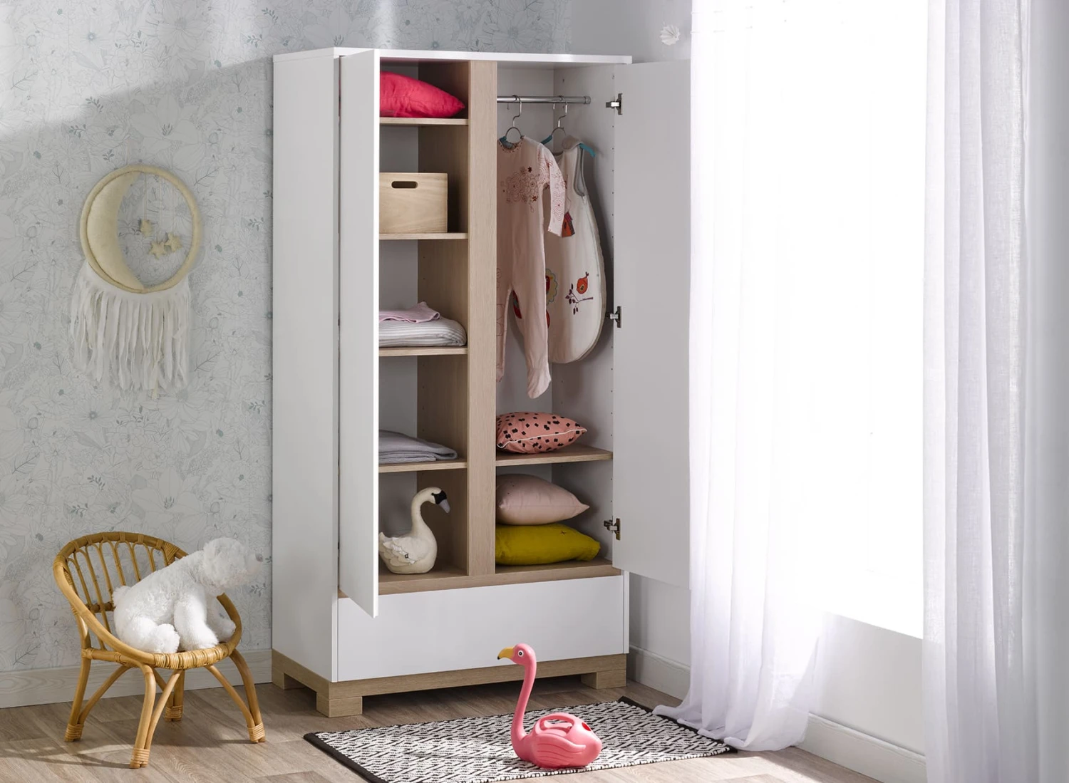 Armoire 2 Portes 1 Tiroir BROOM – Blanc/Chêne Clair 2 Armoire 2 Portes 1 Tiroir BROOM – Blanc/Chêne Clair – Image 2