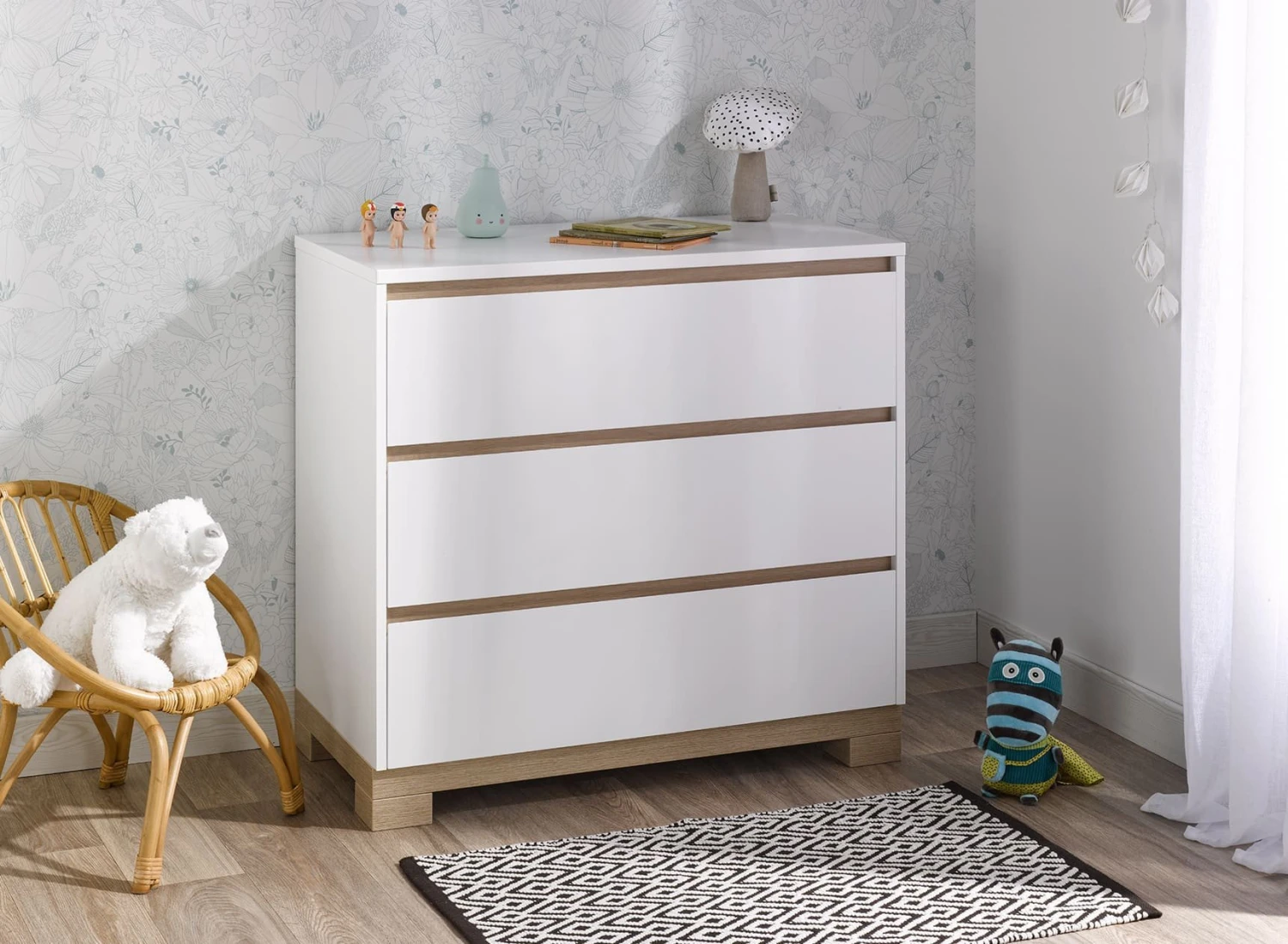 Commode 3 Tiroirs BROOM – Blanc/Chêne Clair