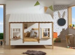 Lit Cabane Enfant 90x200 Avec 2 FenĂȘtres Et Toit BELLA - Blanc/Bois
