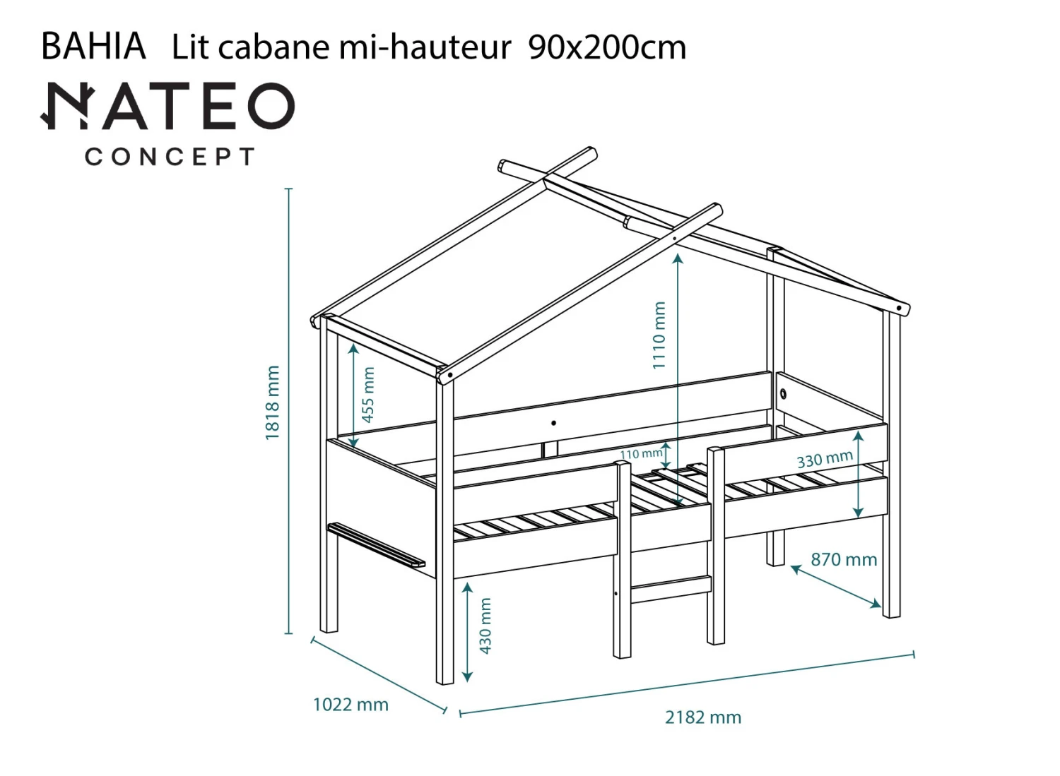 Lit Cabane Mi-hauteur 90x200 BAHIA - Blanc/Pin 6 Lit Cabane Mi-hauteur 90x200 BAHIA - Blanc/Pin – Image 6