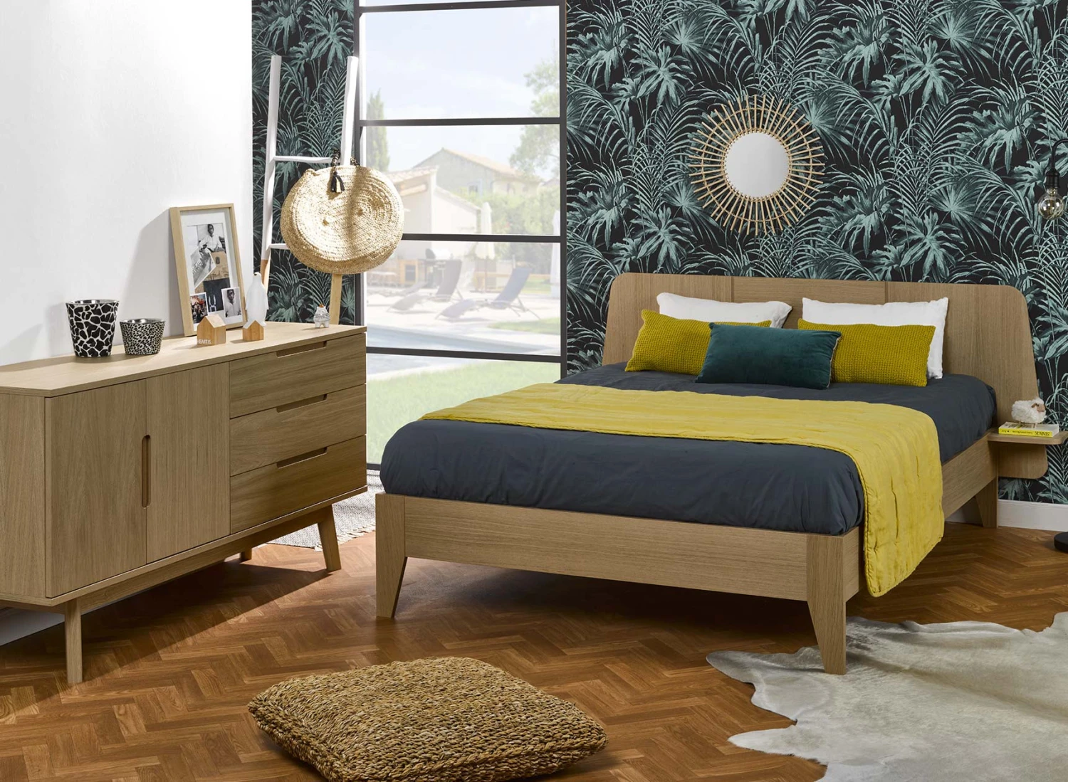 Lit Double 140x190 + Chevet BALI - ChĂȘne Naturel â Image 2