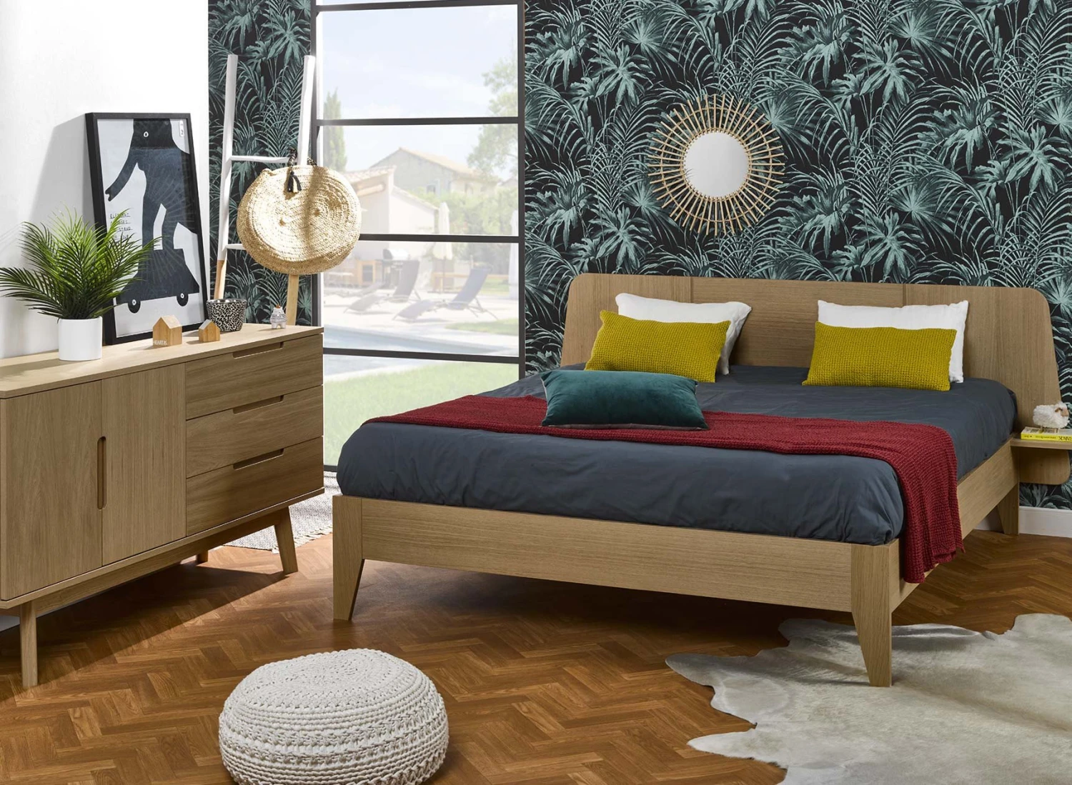 Lit Double 160x200 + Chevet BALI - Chêne Naturel 2 Lit Double 160x200 + Chevet BALI - Chêne Naturel – Image 2