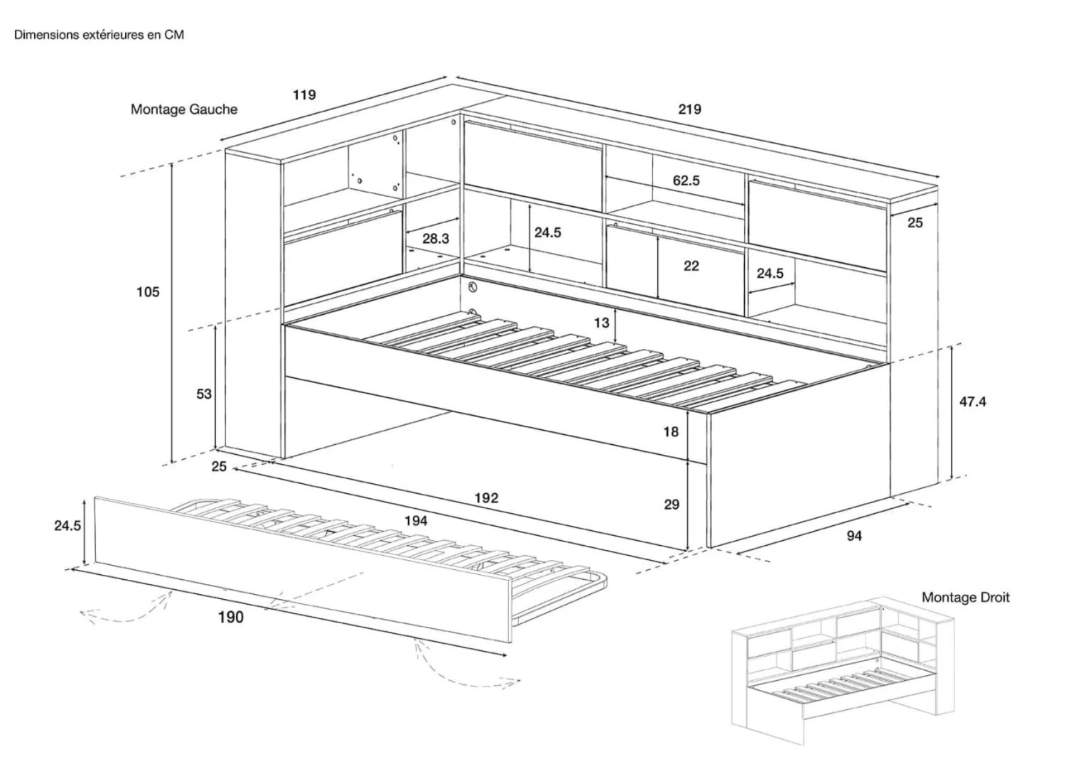 Lit Gigogne Avec Rangement 90x190 MANLY – Image 8