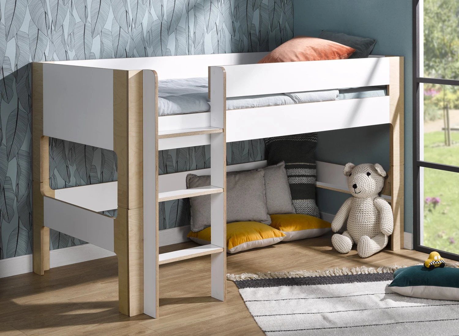 Lit Mi-hauteur 90x190 SYMI – Blanc/Bouleau 1 Lit Mi-hauteur 90x190 SYMI – Blanc/Bouleau