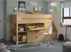 Lit Mi-hauteur Avec Bureau Et Rangement 90x200 ROBIN â ChĂȘne