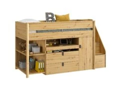 Lit Mi-hauteur Avec Bureau Et Rangement 90x200 ROBIN – Chêne -Nateo Concept lit mi hauteur avec bureau et rangement 90x200 robin chene 3