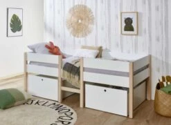Lit Mi-hauteur Avec Rangement 90x200 SONNY - Blanc/Pin