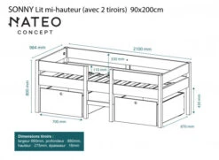 Lit Mi-hauteur Avec Rangement 90x200 SONNY - Blanc/Pin -Nateo Concept lit mi hauteur avec rangement 90x200 sonny blanc pin 4