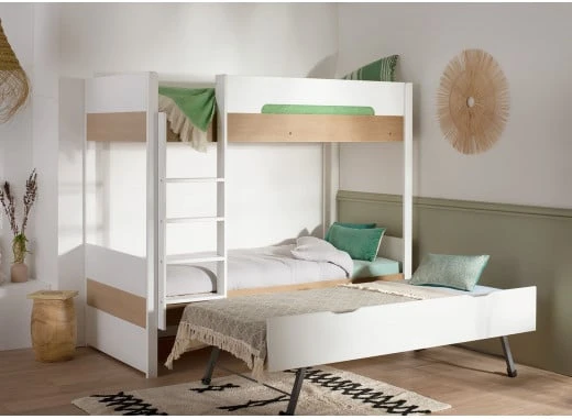 Lit Superposé 3 Places 90x200 PRADO Blanc/Chêne 1 Lit Superposé 3 Places 90x200 PRADO Blanc/Chêne
