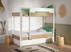 Lit Superposé 90x200 PRADO Blanc/Chêne + 2 Matelas -Nateo Concept lit superpose 90x200 prado blanc chene 2 matelas 2