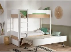 Lit Superposé 90x200 PRADO Blanc/Chêne + 2 Matelas -Nateo Concept lit superpose 90x200 prado blanc chene 2 matelas 3