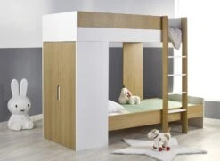 Lit Superposé Avec Armoire MANLY Blanc/Bois + 2 Matelas