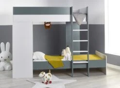 Lit Superposé Avec Armoire MANLY Blanc/Vert + 2 Matelas