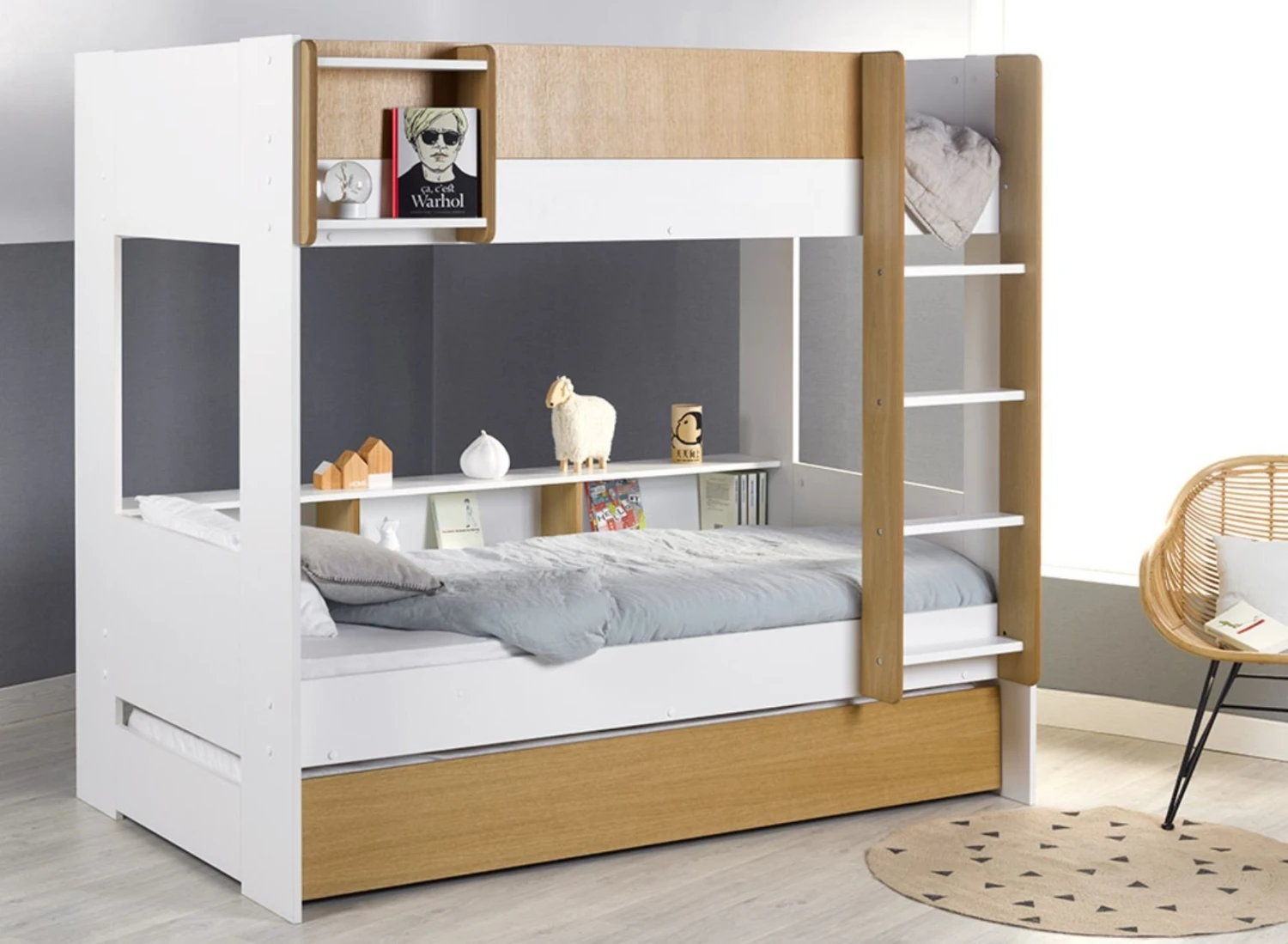 Lit Superposé Avec Rangement 90x190 MANLY + 2 Matelas – Image 3