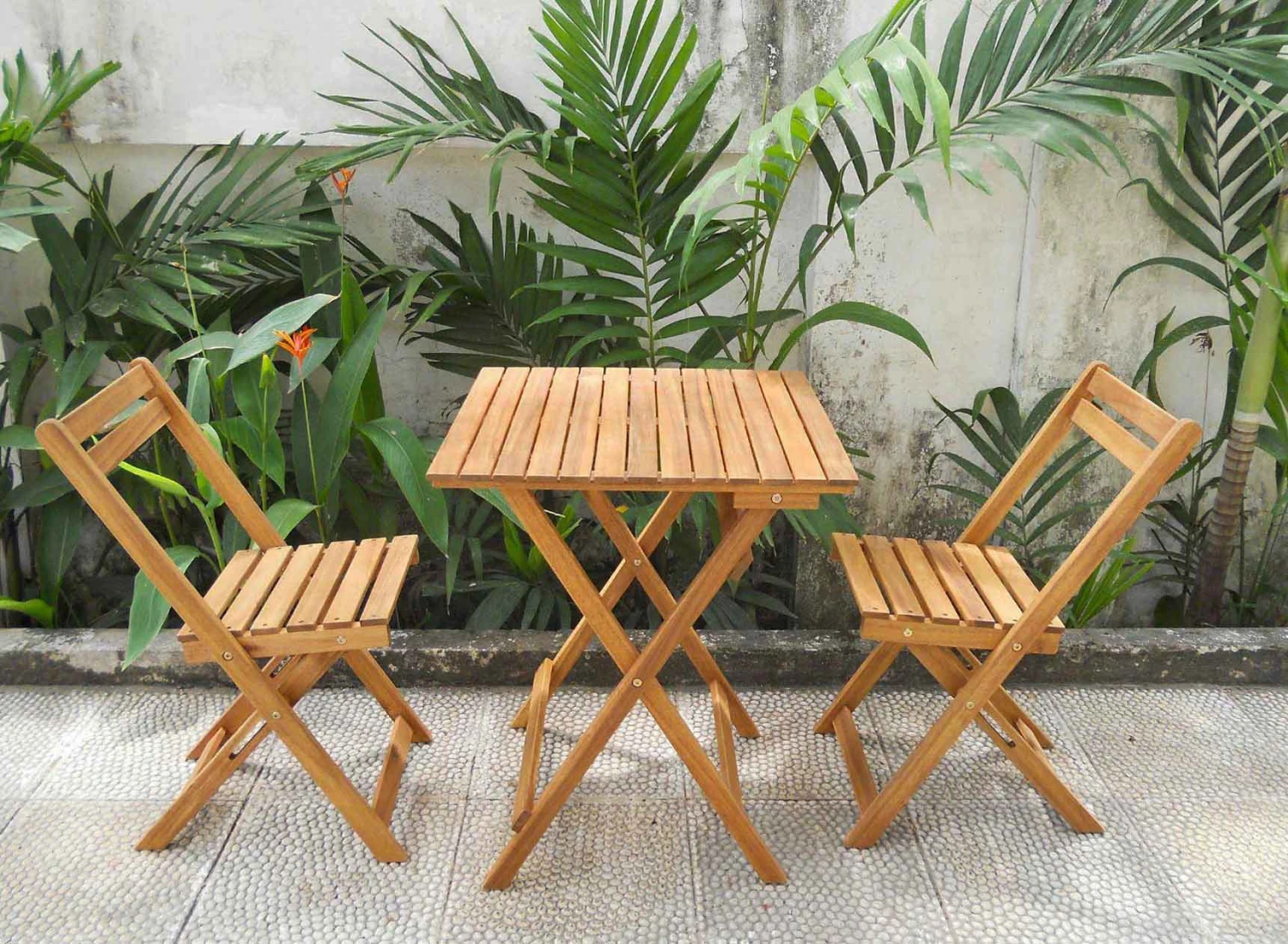 Table Et 2 Chaises Pliantes De Jardin En Bois PORTO – Image 2